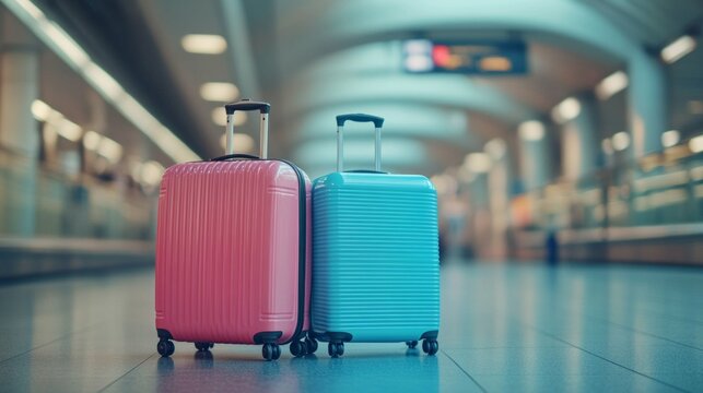 Two suitcases on wheels at the airport. Useful for topics related to travel, tourism, recreation and transportation.