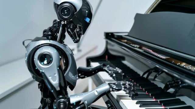 Advanced humanoid robot playing grand piano, combining artificial intelligence and creativity in futuristic technology.
