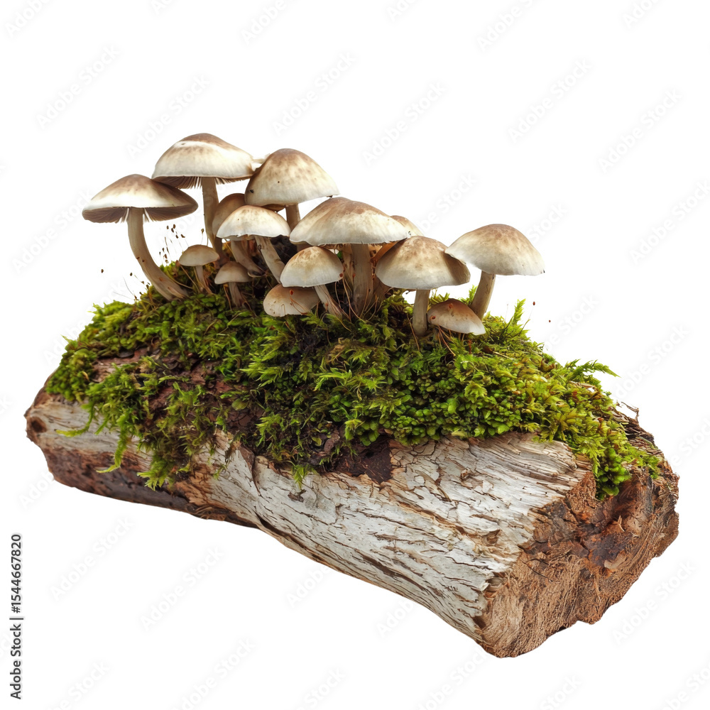 Poster mushrooms growing on moss covered log create serene and natural scene. earthy tones and textures evo