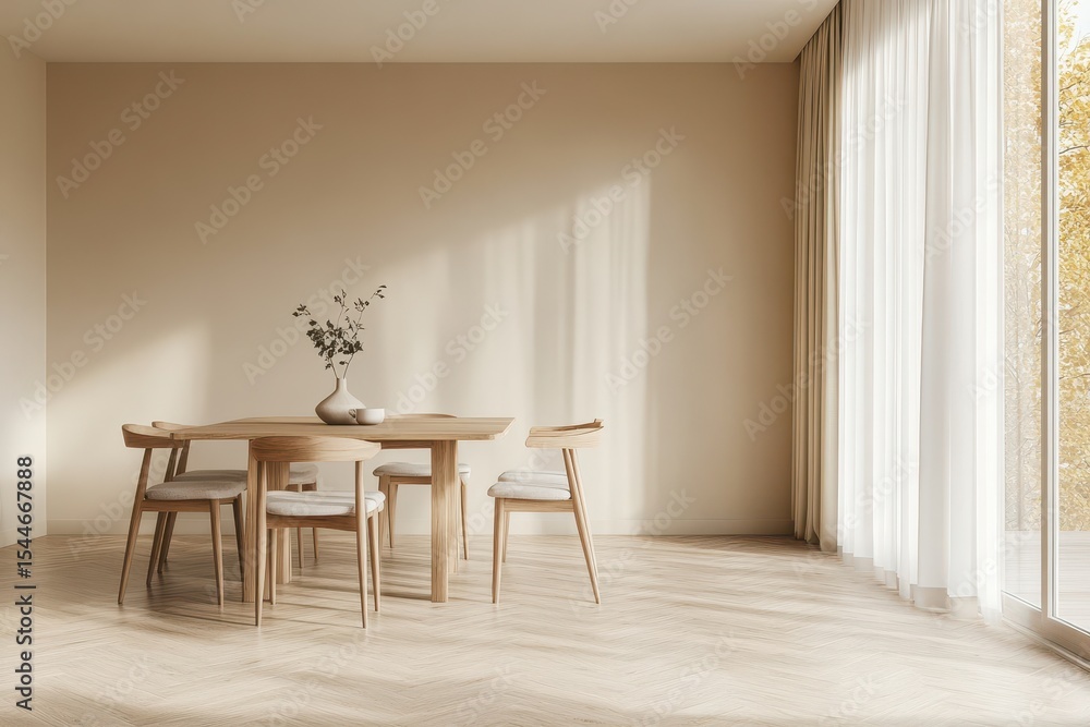 Poster minimalist dining space: spacious empty room with elegant table and chairs against a beige backdrop
