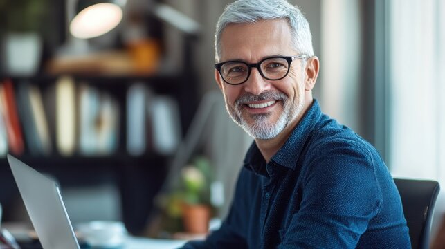 Joyful Executive Engaged with Laptop in Cozy Home Office Setting, Smiling Middle-Aged White Male with Gray Hair in Casual Attire