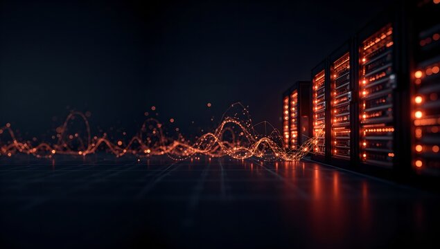 Technology infrastructure with glowing server racks and data flow - Powered by Adobe