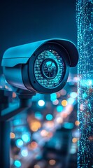 High-tech surveillance camera against a blurred city backdrop.