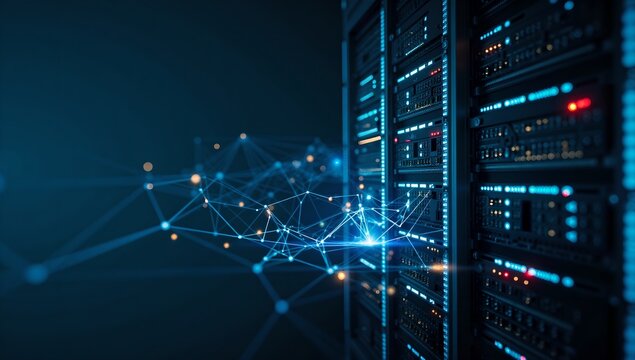 Data center servers with abstract digital network connection visualization