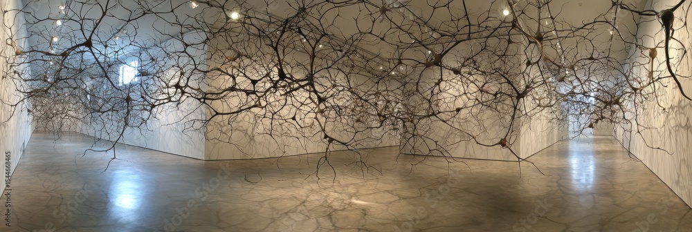 Poster ceramic sculpture depicting nerve structures displayed in a minimalist gallery environment highlight