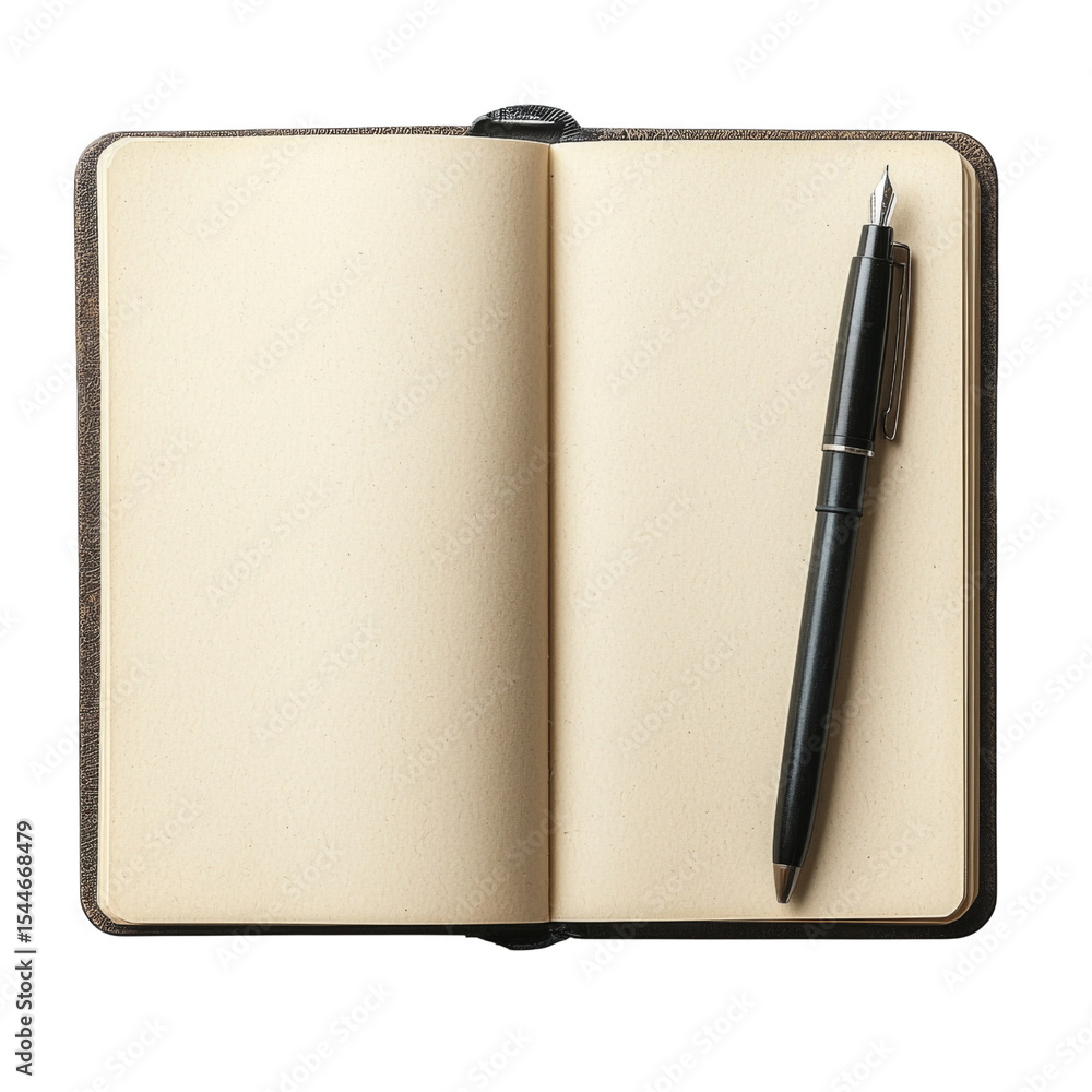 Poster open notebook with blank pages and fountain pen resting on it, inviting creativity and ideas. perfec