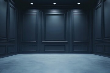 Elegant dark blue room with paneled walls, concrete floor, and recessed lighting