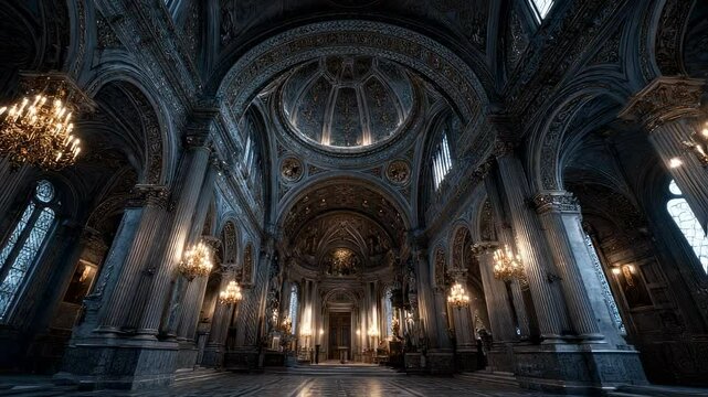 Majestic interior of a grand cathedral with opulent architectural elements and chandeliers