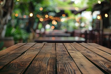 Ultra Hd Visual of Wooden Planks with Blurred Restaurant Background
