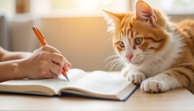 Ginger cat observing person writing in notebook at wooden table  
