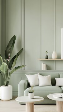 Elegant living room with sage green walls, sofa, pillows, and tropical plant in pot