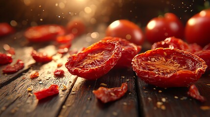 Dried tomatoes with a rustic wooden background and warm lighting.