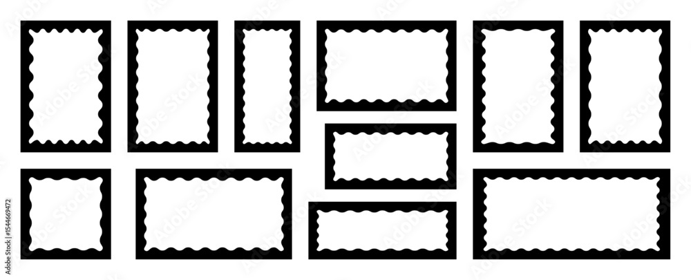 Poster set of black doodle frames with corrugated inner border. wavy rectangular shapes.