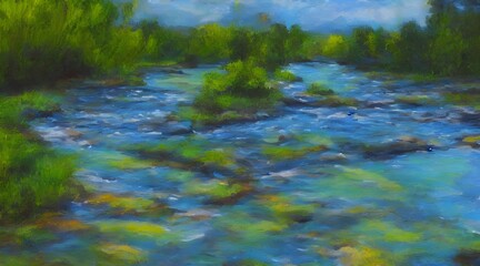 Naklejka premium Nature's serene embrace: a tranquil forest river with reflections of the sky on its rippling, clear blue surface