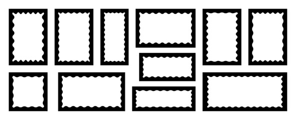 Set of black doodle frames with corrugated inner border. Wavy rectangular shapes.