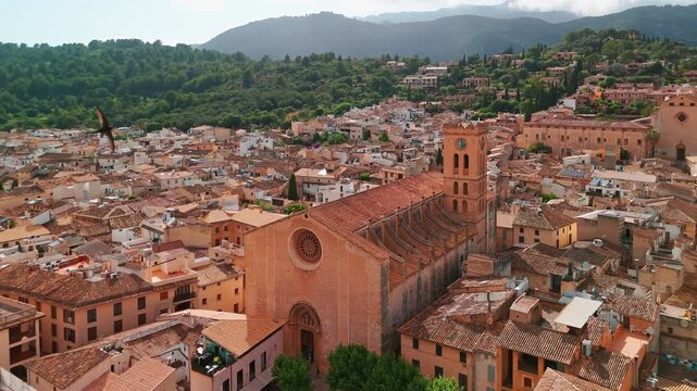 Aerial view of the picturesque town of Pollensa in Mallorca, Spain.