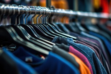 Fototapeta premium Intricate Display Rack for Retail Merchandise: A Close-Up View of Clothing in a Well-Lit Indoor Shopping Environment