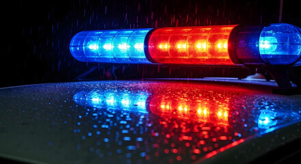 Close-up of vivid red and blue police lights reflecting on rain-soaked pavement at night, creating a tense cinematic mood.









