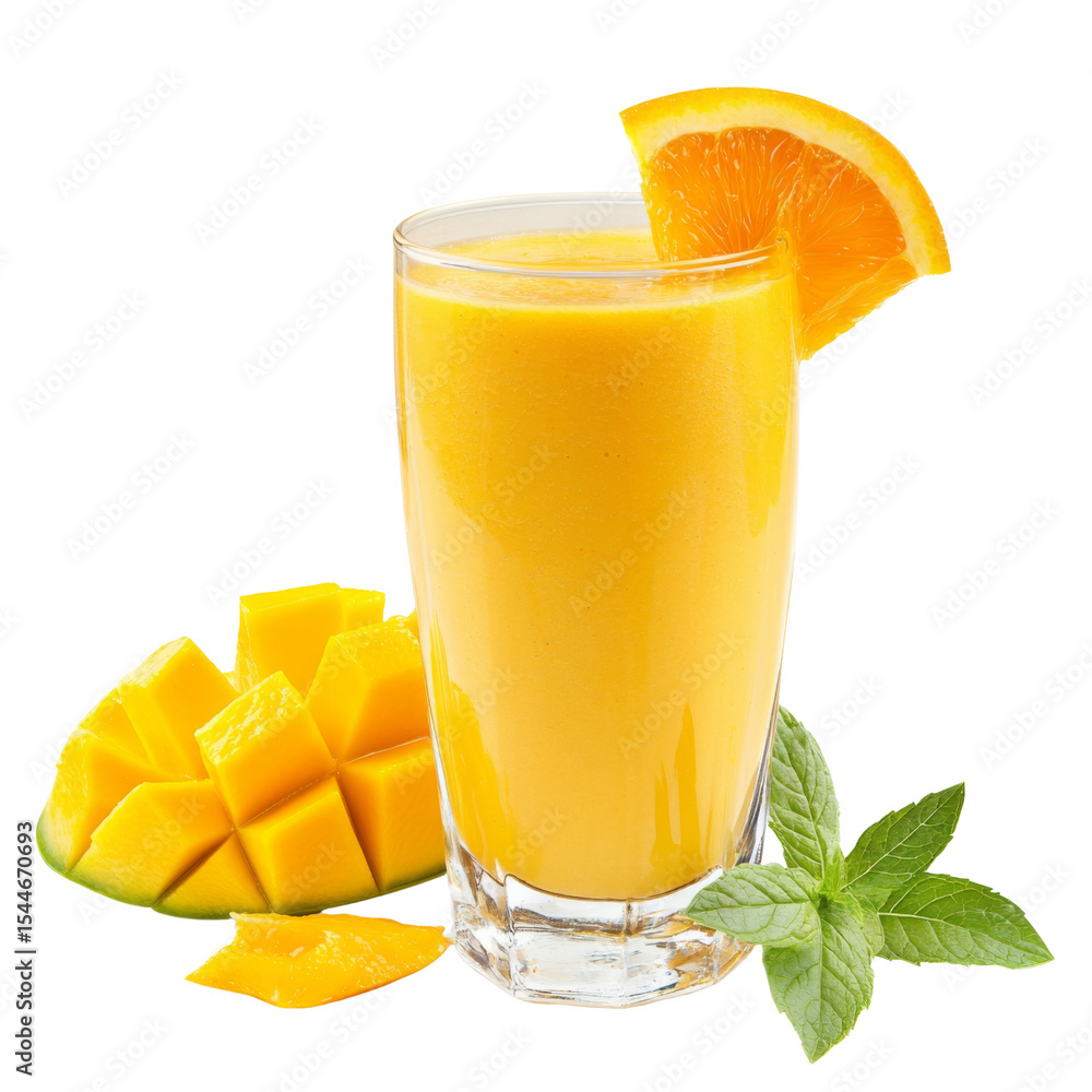 Poster refreshing mango smoothie with orange slice and mint leaves
