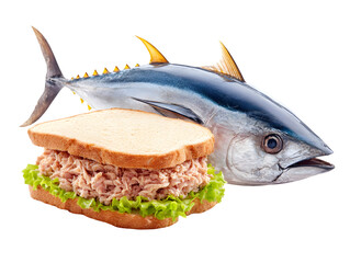 Fresh tuna sandwich with vibrant lettuce and a whole fish beside it, highlighting a healthy meal