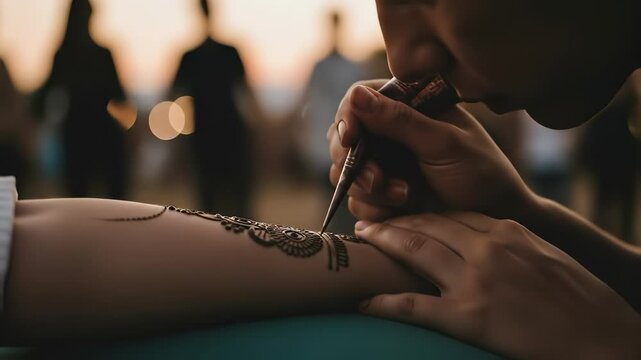 Skilled artist meticulously applies intricate traditional mehndi on a persons arm during an evening cultural event.
