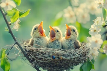 Adorable Nest of Ravenous Baby Birds Eagerly Awaiting Feed in Blooming Tree Branch