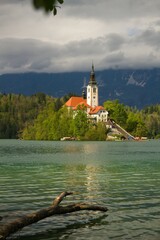 Bled lake in Slovenia with an iconic church and the Bled castle