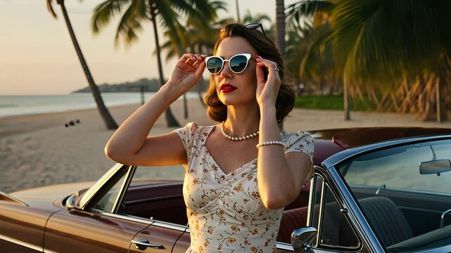 Woman in vintage dress adjusts sunglasses beside classic convertible car on beach at sunset. Travel footage.
