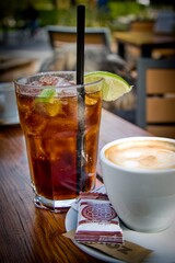 Relaxing in a restaurant - refreshing beverages - cuba libre and cafe latte
