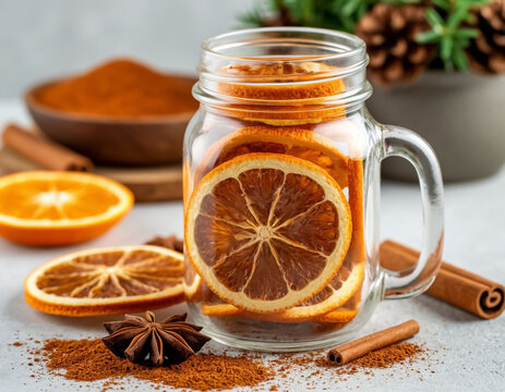 Dried orange slices and cinnamon in a glass jar.