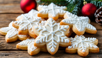 Fototapeta premium Christmas cookies with white fondant on wooden background.