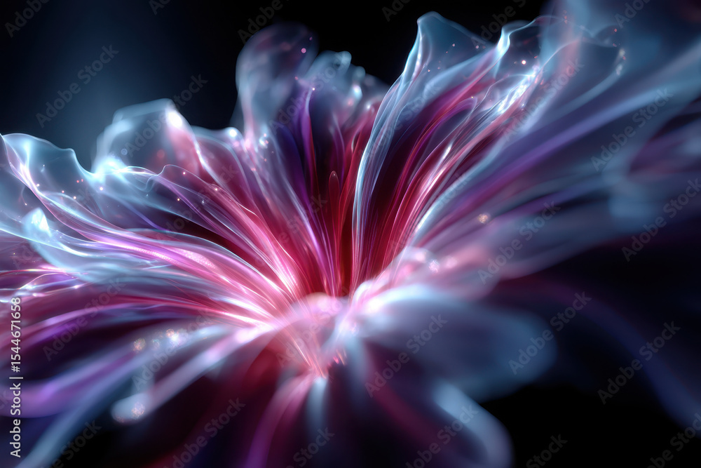 Poster vibrant abstract design with flowing shapes and dynamic colors in a dark background