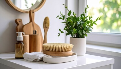 Minimalist bathroom countertop with wooden accessories, round mirror, and potted plant by a window