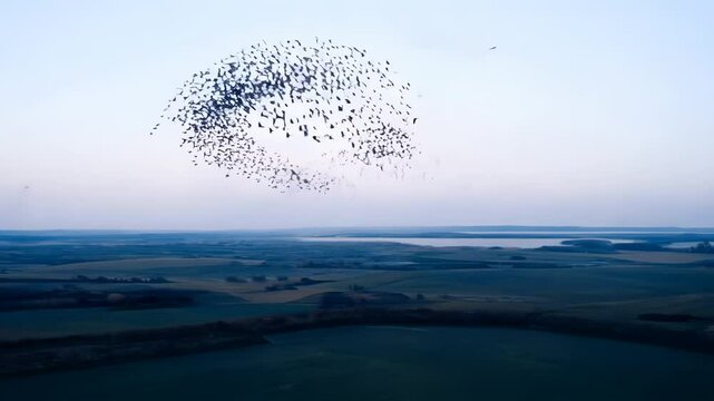 A flock of birds flying in formation over a vast landscape. Murmuration birds show collective intelligence and nature. Aerial footage.