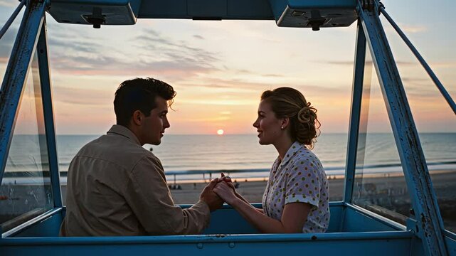 A man and a woman holding hands in a Ferris wheel car overlooking the beach at sunset, romantic date concept footage.
