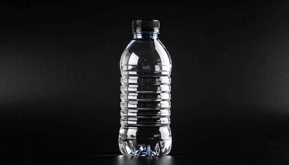 Clear plastic water bottle with blue cap on black background