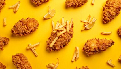 Crispy fried chicken and golden fries scattered over a yellow background.