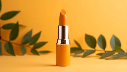 Yellow lipstick standing upright with green leaves on both sides against a yellow background.