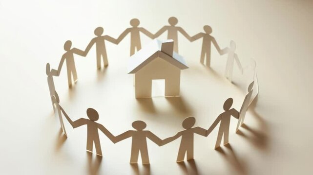 Paper cutout figures holding hands in circle around small house symbolizing community, support, and family concept.
