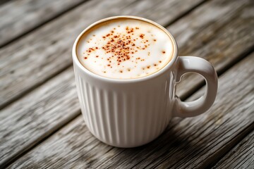 Fototapeta premium Hot cappuccino in white mug with cinnamon sprinkles on rustic wood background closeup