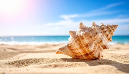 A spiral seashell with pointed ridges resting on golden sand, under a bright blue sky by the ocean, lit by warm sunlight