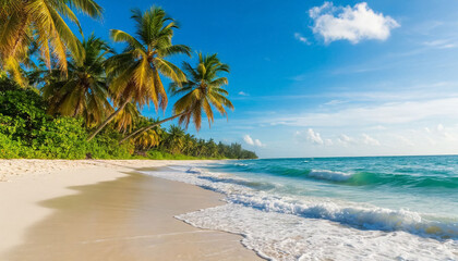 Beautiful beach with white sand, palm trees and blue sea water.