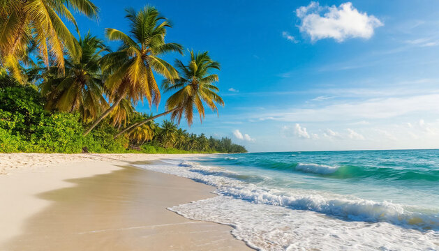 Beautiful beach with white sand, palm trees and blue sea water. - Powered by Adobe