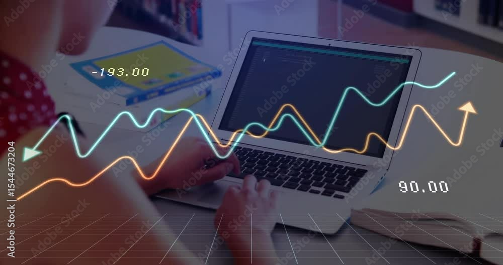 Poster teenager typing on laptop generating waveform lines with numeric tags visualizing tech metrics