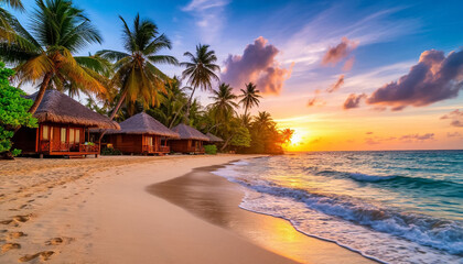 Thatched roof bungalow on the seashore. Tourist season in Asia.