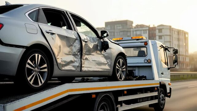 Damaged silver car on tow truck transporting vehicle with wrecked doors and broken mirror down highway at sunset, footage.