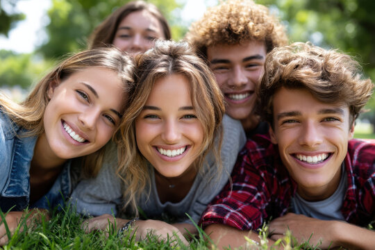 Friends enjoying a sunny day outdoors, smiling and relaxing on the grass in a park setting