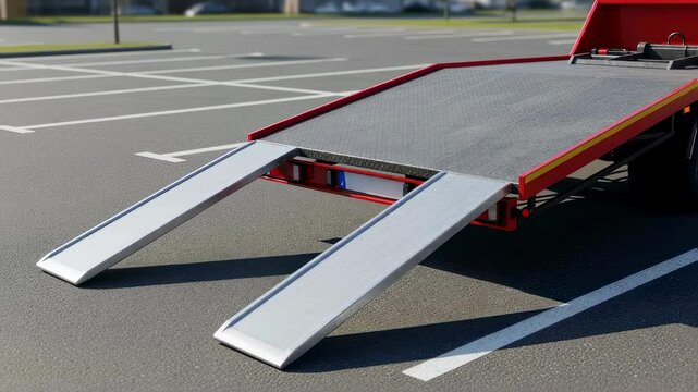 Red tow truck trailer ramp lowering sequence. Vehicle recovery service equipment on asphalt parking lot, showing readiness for transport of damaged cars.