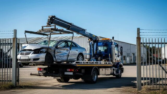 Wrecked silver car suspended by crane on tow truck, being moved on a sunny day near a fence with barbed wire footage.