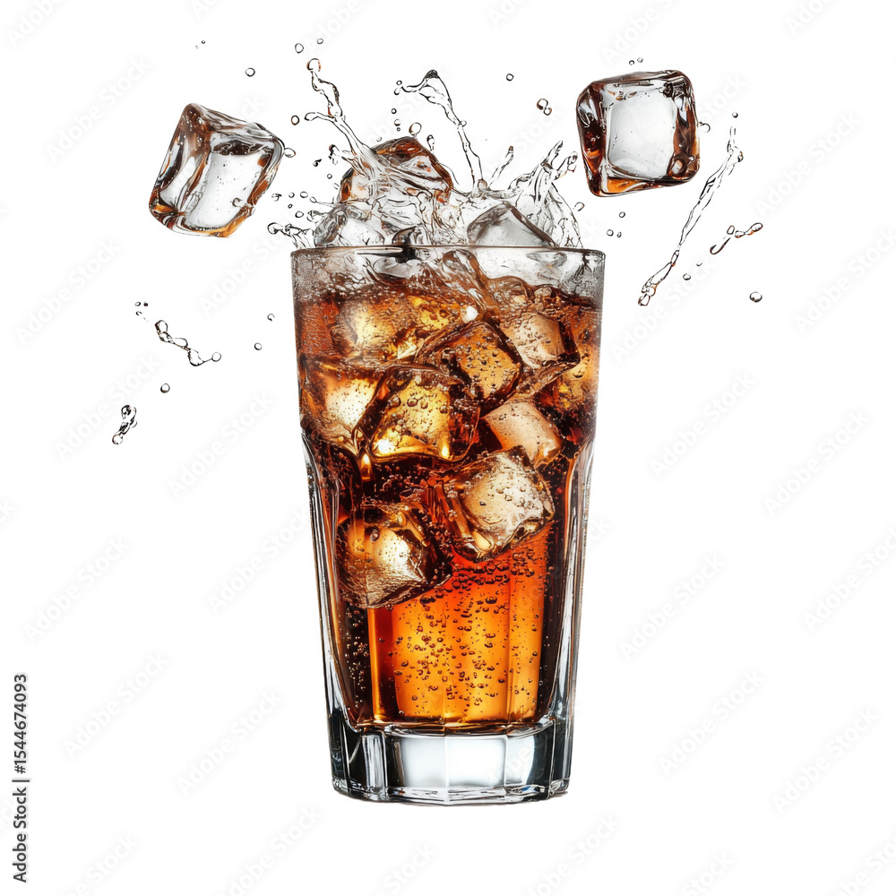 Poster Refreshing beverage with ice cubes splashing in glass, creating lively scene. Perfect for summer or any occasion